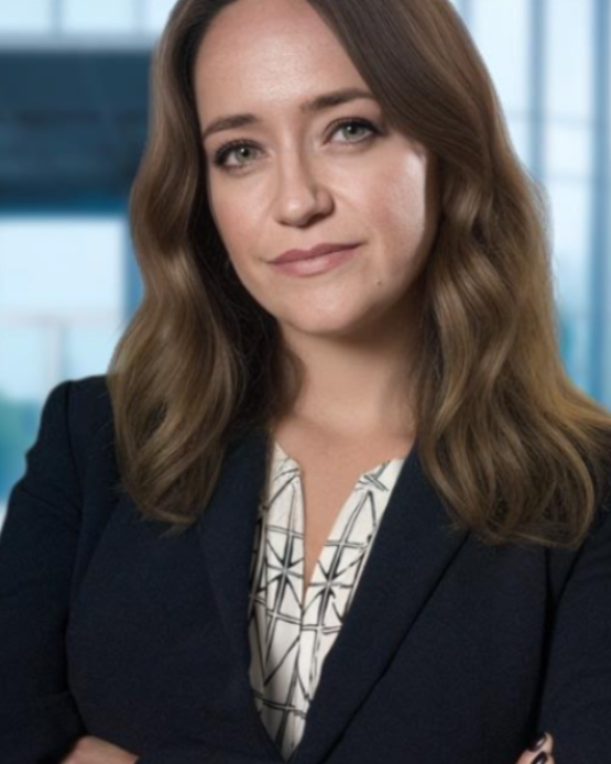 A woman in a business suit is standing with her arms crossed.