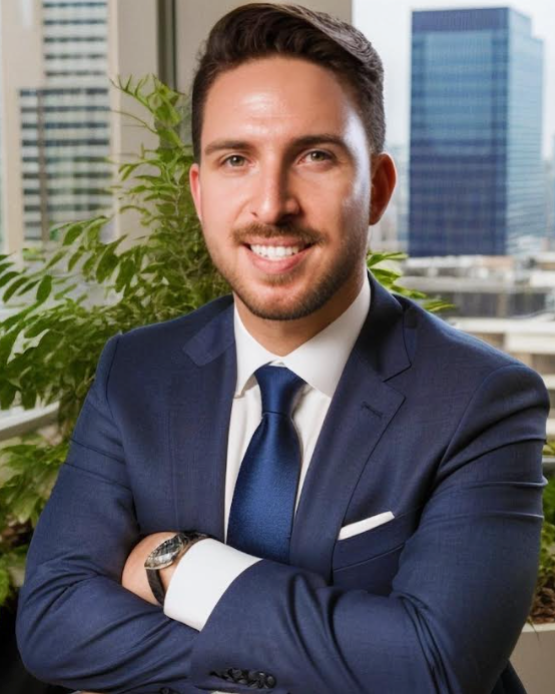 A man in a suit and tie is smiling with his arms crossed