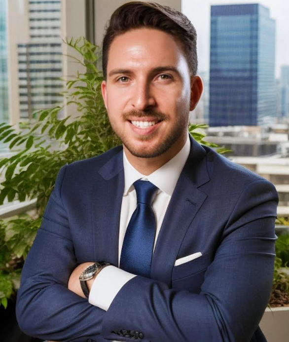 A man in a suit and tie is smiling with his arms crossed