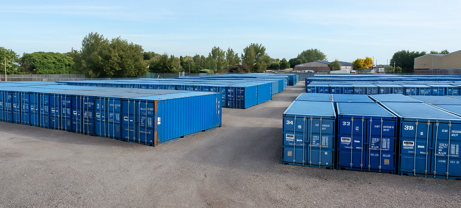 Large outdoor storage facility featuring rows of secure blue shipping containers organized in a clean, gravel yard under a clear sky.