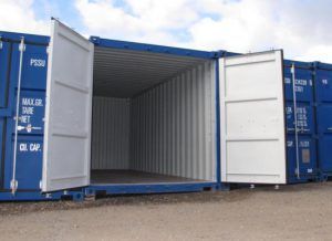 A blue shipping container with its doors open ANVSJ