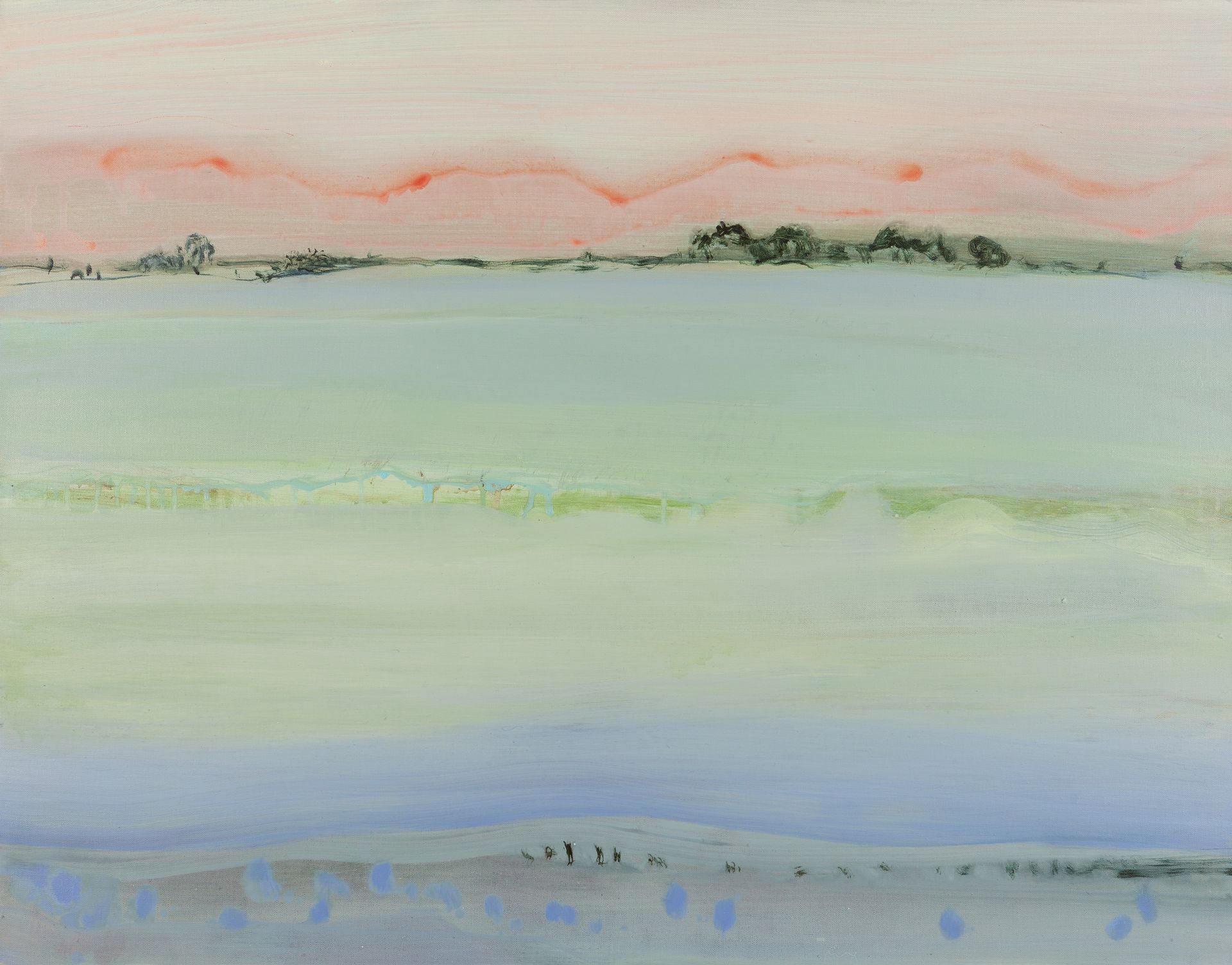 Abstract landschapsschilderij: zachte groene en blauwe horizontale banden; bomen in de verte tegen een roze-oranje hemel.