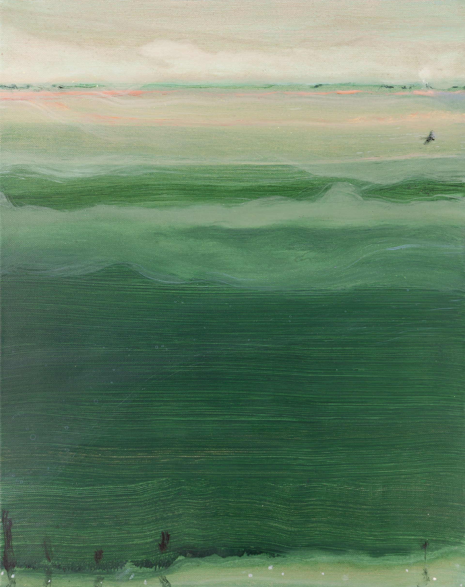 Vogel in abstract landschap met horizontale banden in groen, blauw en beige, die een sloot en lucht suggereren.