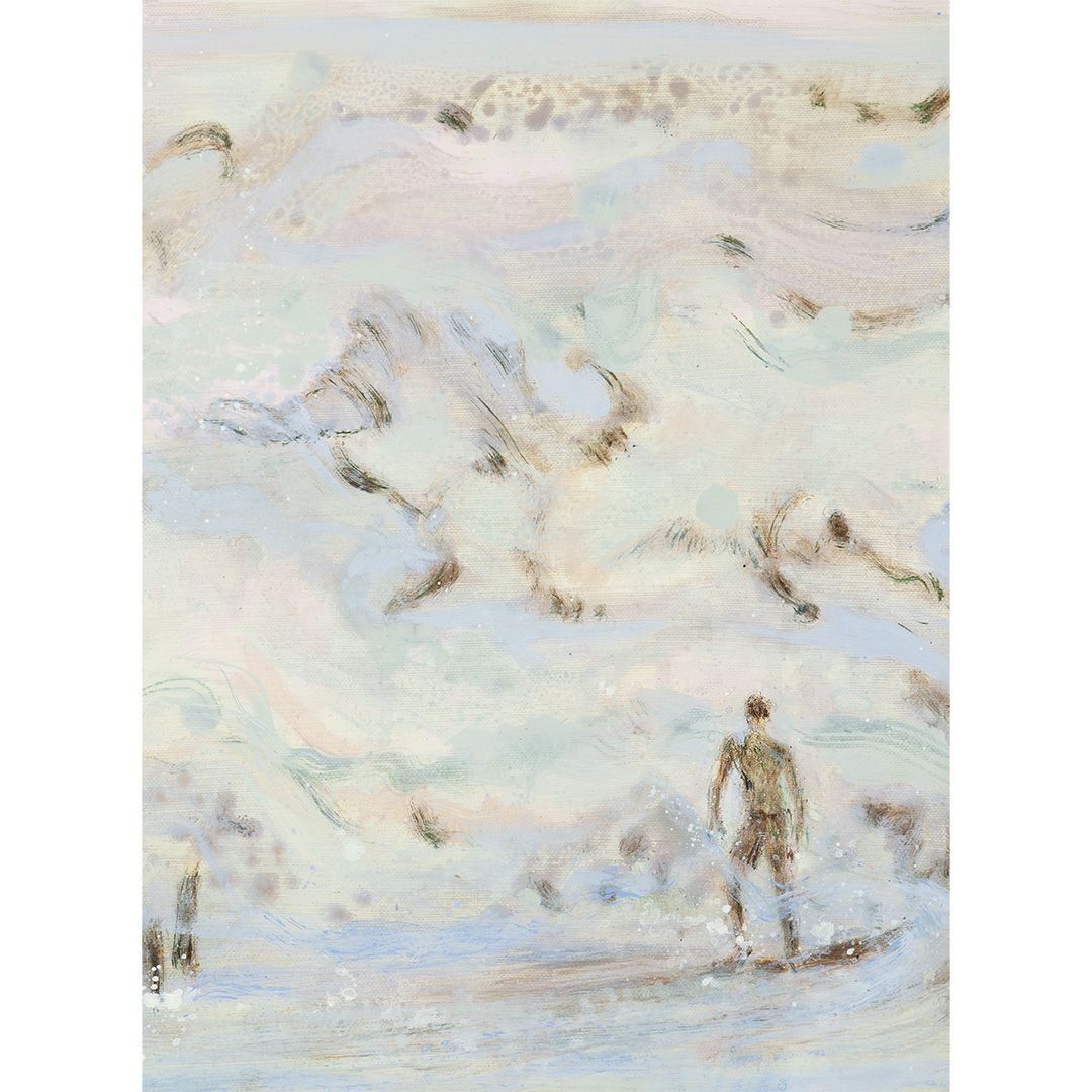 Een zacht, impressionistisch schilderij van een persoon die op een surfplank staat in lichtblauw en beige water tijdens springtij