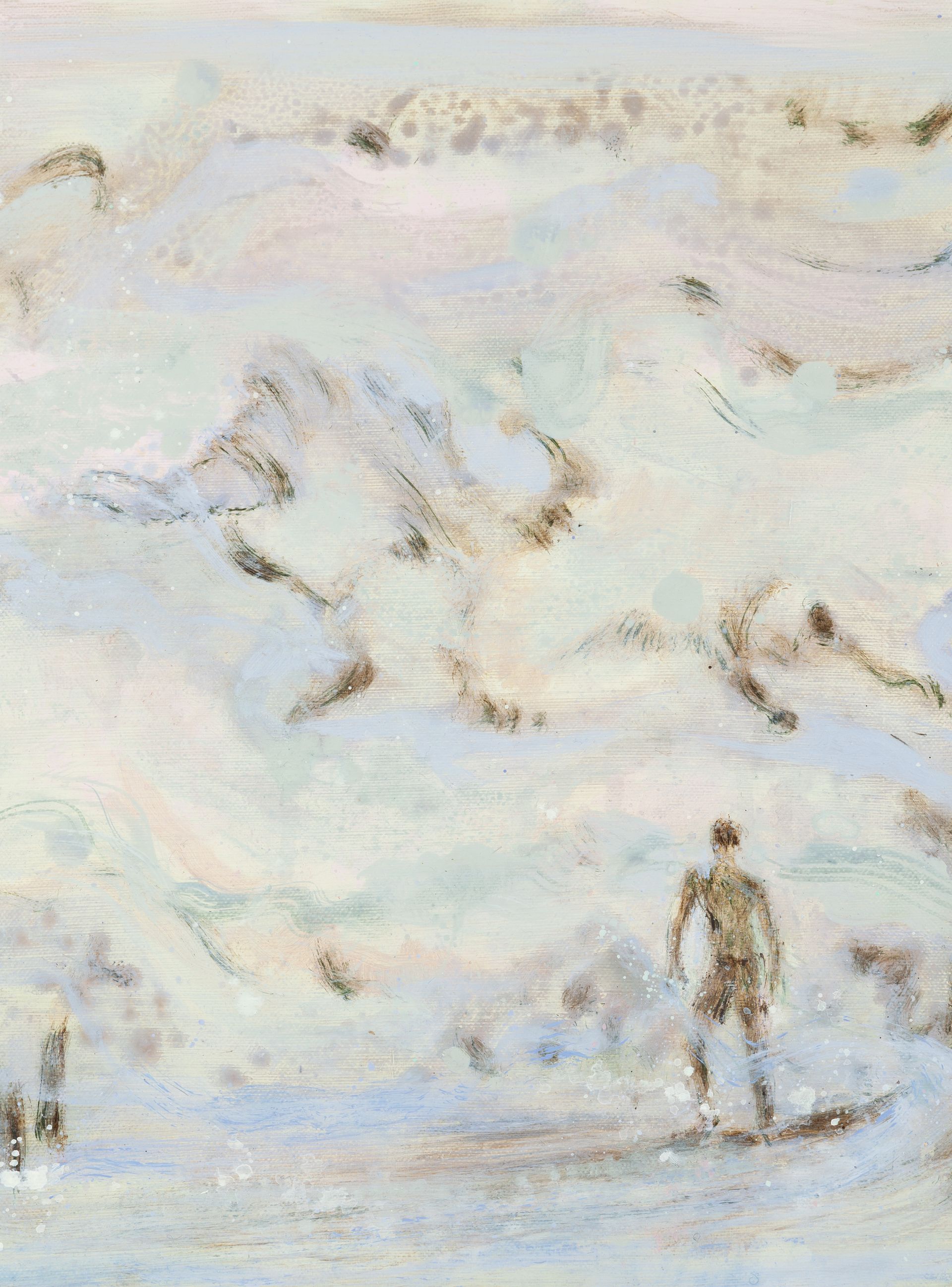 Een impressionistisch schilderij van een persoon die surft tijdens springtij, weergegeven in zachte, gestructureerde lichtblauwe en aardse tinten.