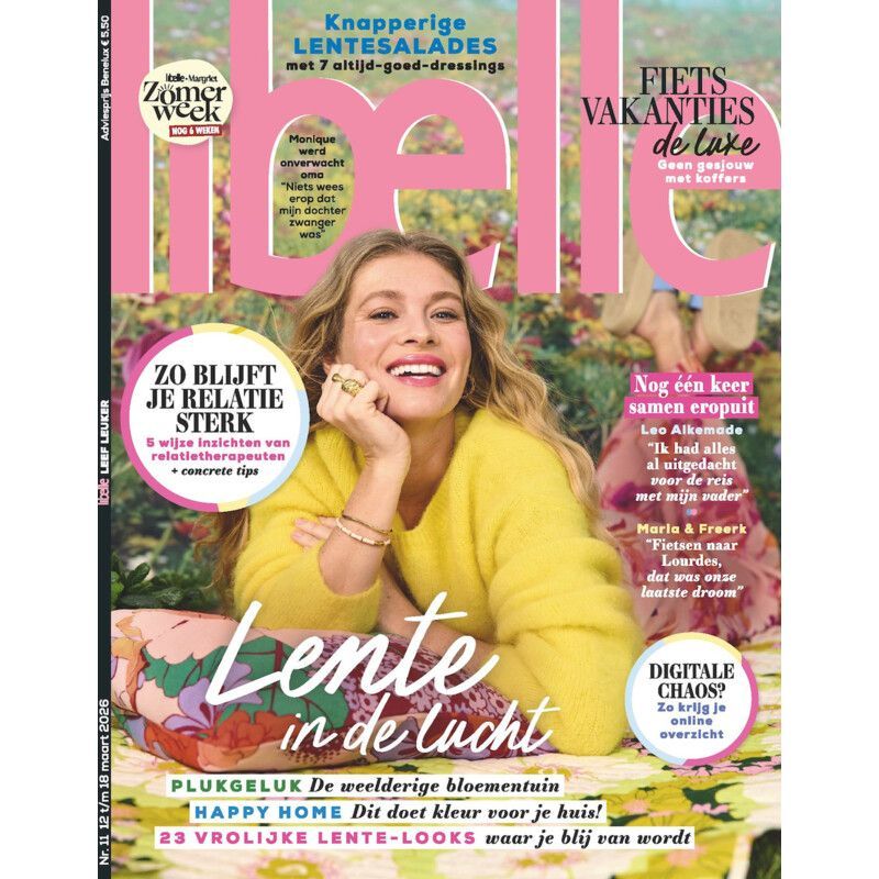 Een cover van het tijdschrift Libelle met een persoon in een gele trui, vergezeld van tekst die lenterecepten en -mode promoot.