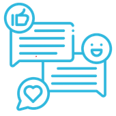 A line drawing of a speech bubble with a thumbs up and a heart.