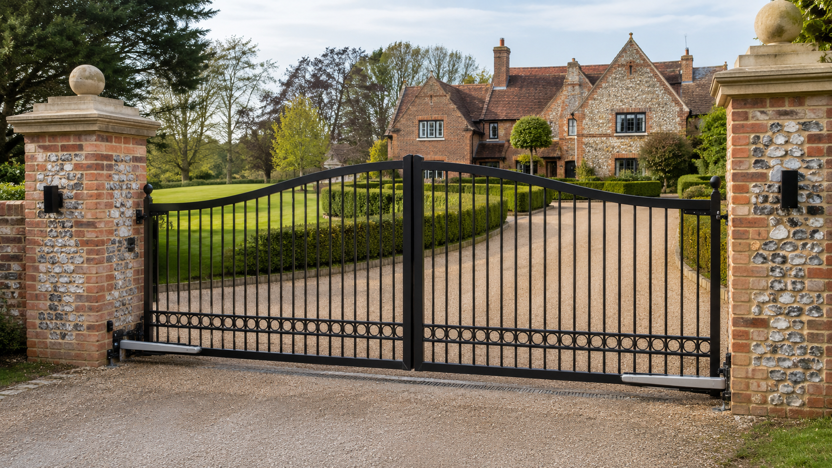 Black metal driveway gate with white wall and green trees behind it, beside a sidewalk Black metal driveway gate with white wall and green trees behind it, beside a sidewalk