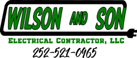 Logo for Wilson and Son, electrical contractor, LLC, with contact number. Green text on black and white background.