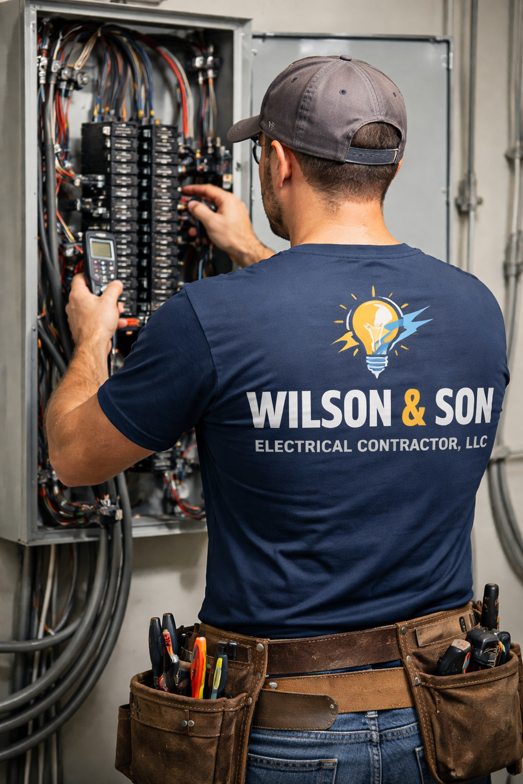 Electrician working on electrical panel, wearing blue shirt with company logo and tool belt.