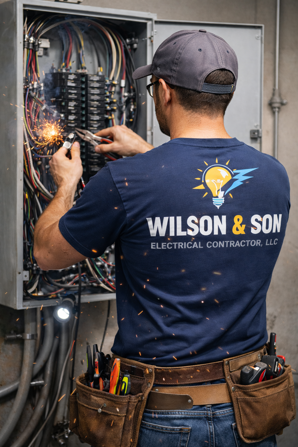 Electrician working on electrical panel, sparks flying.