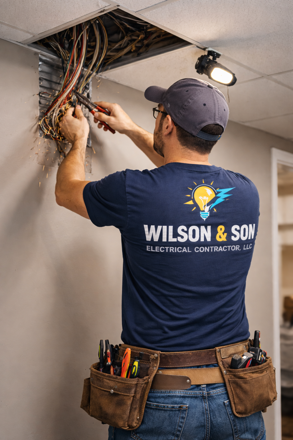 Electrician working on wiring in a ceiling. He wears a blue shirt and tool belt.