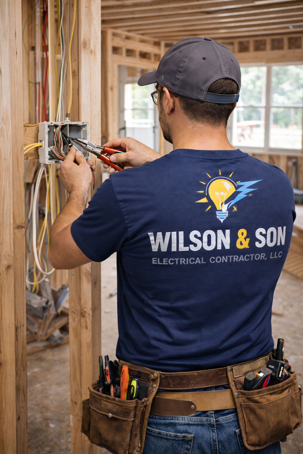 Electrician working on wiring in a house under construction; wearing a hat, t-shirt with company logo, and tool belt.