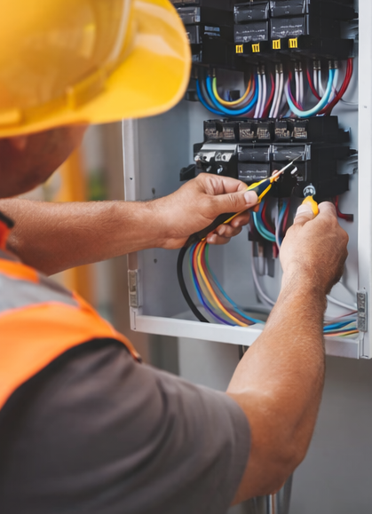 Electrician in safety gear wiring electrical panel with colorful wires.