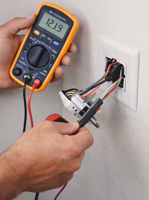 Person testing electrical outlet wires with a multimeter, reading 121.9 volts. Wires are exposed.
