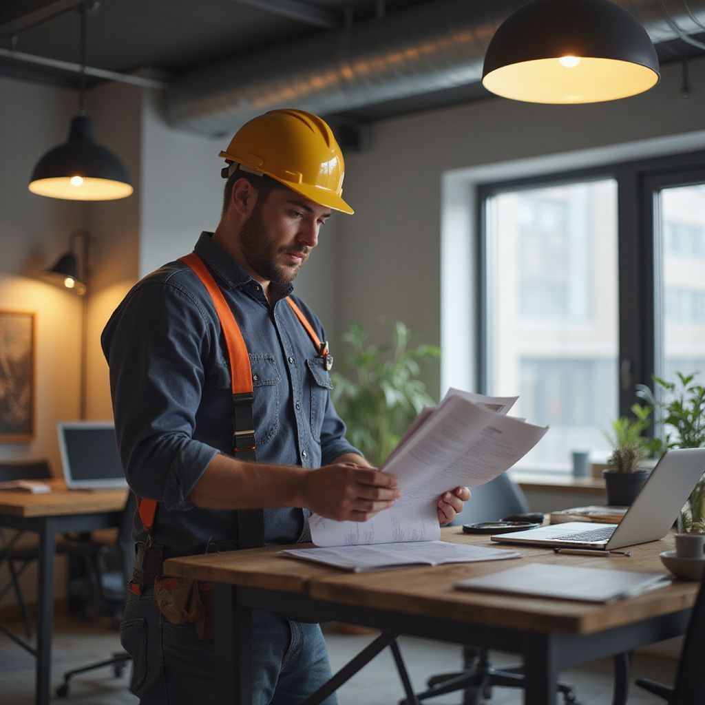 Construction worker in hard hat reviewing blueprints at a desk, office setting.