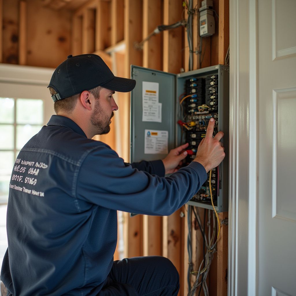 Electrician working on an electrical panel, wearing a blue uniform and black cap indoors.
