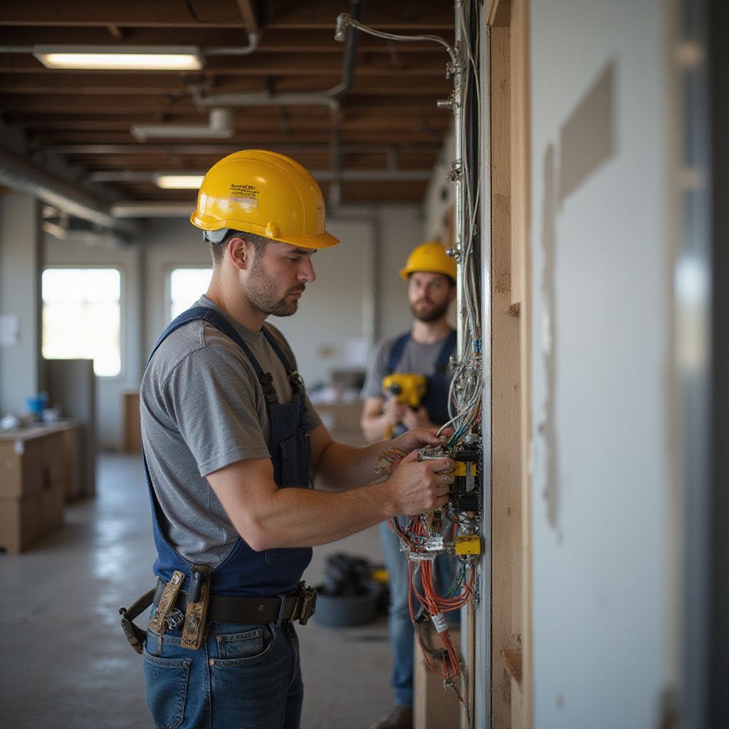 Two electricians in a workshop, installing wiring. One is focused on wires, the other uses a drill. Both wear yellow hard hats.