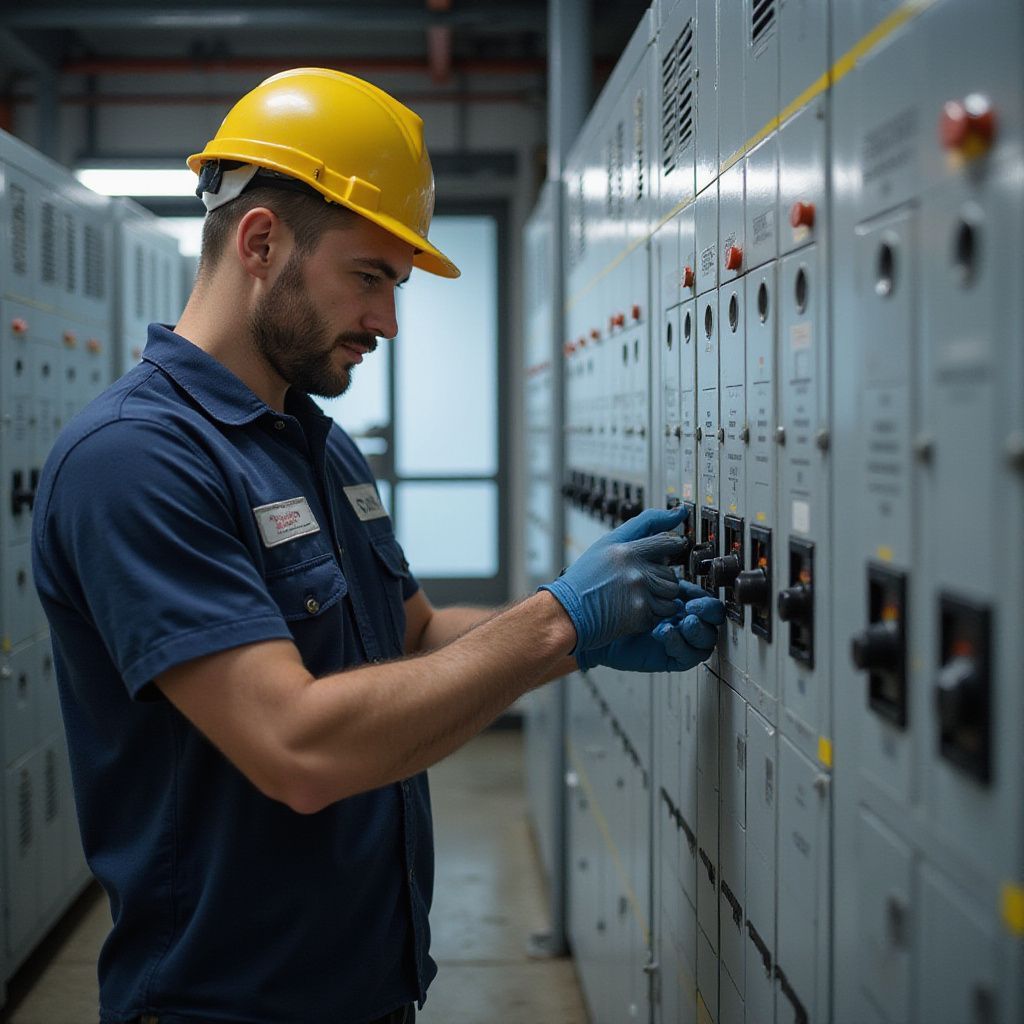 Electrician in blue uniform and yellow hard hat inspecting electrical panel.