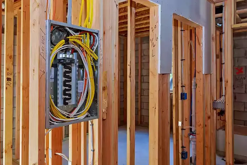 Electrical panel installed in wooden framing of a building under construction.