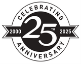 A black and white logo that says celebrating 25th anniversary