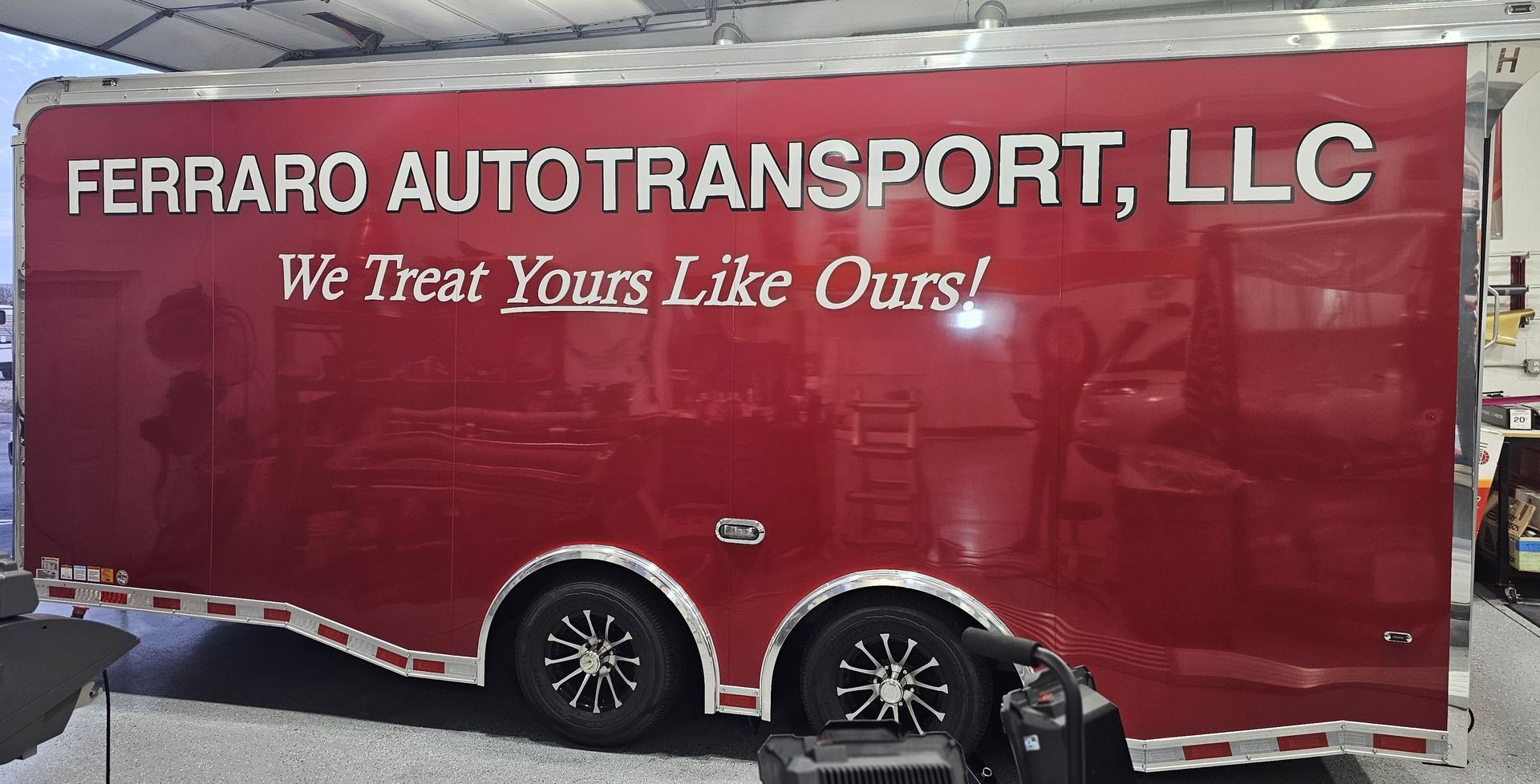 A red trailer that says ferraro autotransport llc on it