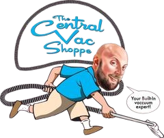 A logo of The Central Vac Shoppe, in which a man holding a vacuum cleaner.