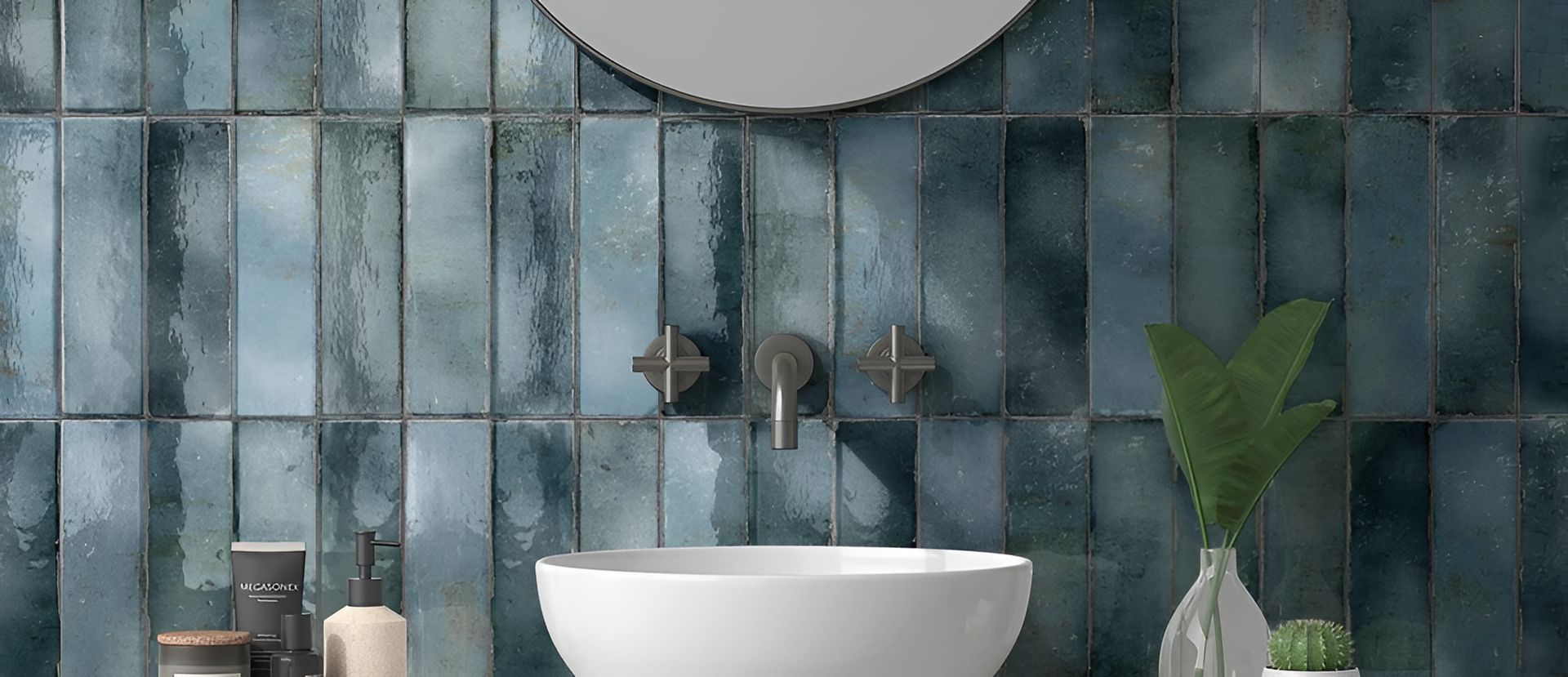 A Bathroom With A Sink , Mirror And Blue Tiles — Mid Coast Tiles Urunga In Urunga, NSW