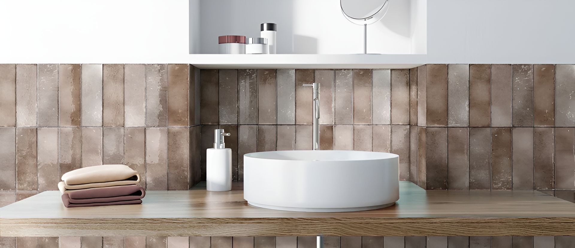 A Bathroom With A Sink , Mirror And Towels On The Counter — Mid Coast Tiles Urunga In Urunga, NSW