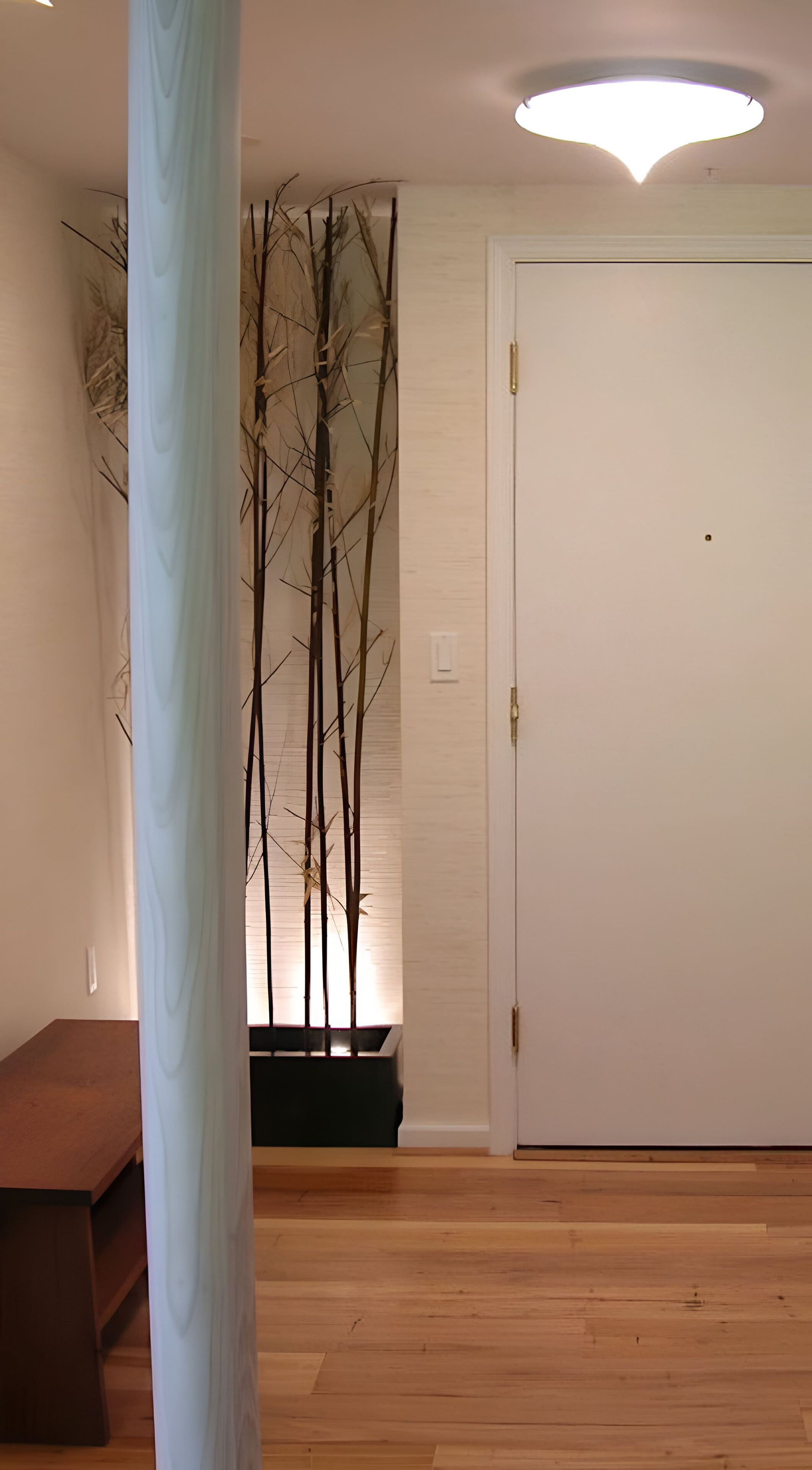 A hallway with a white door and a wooden floor