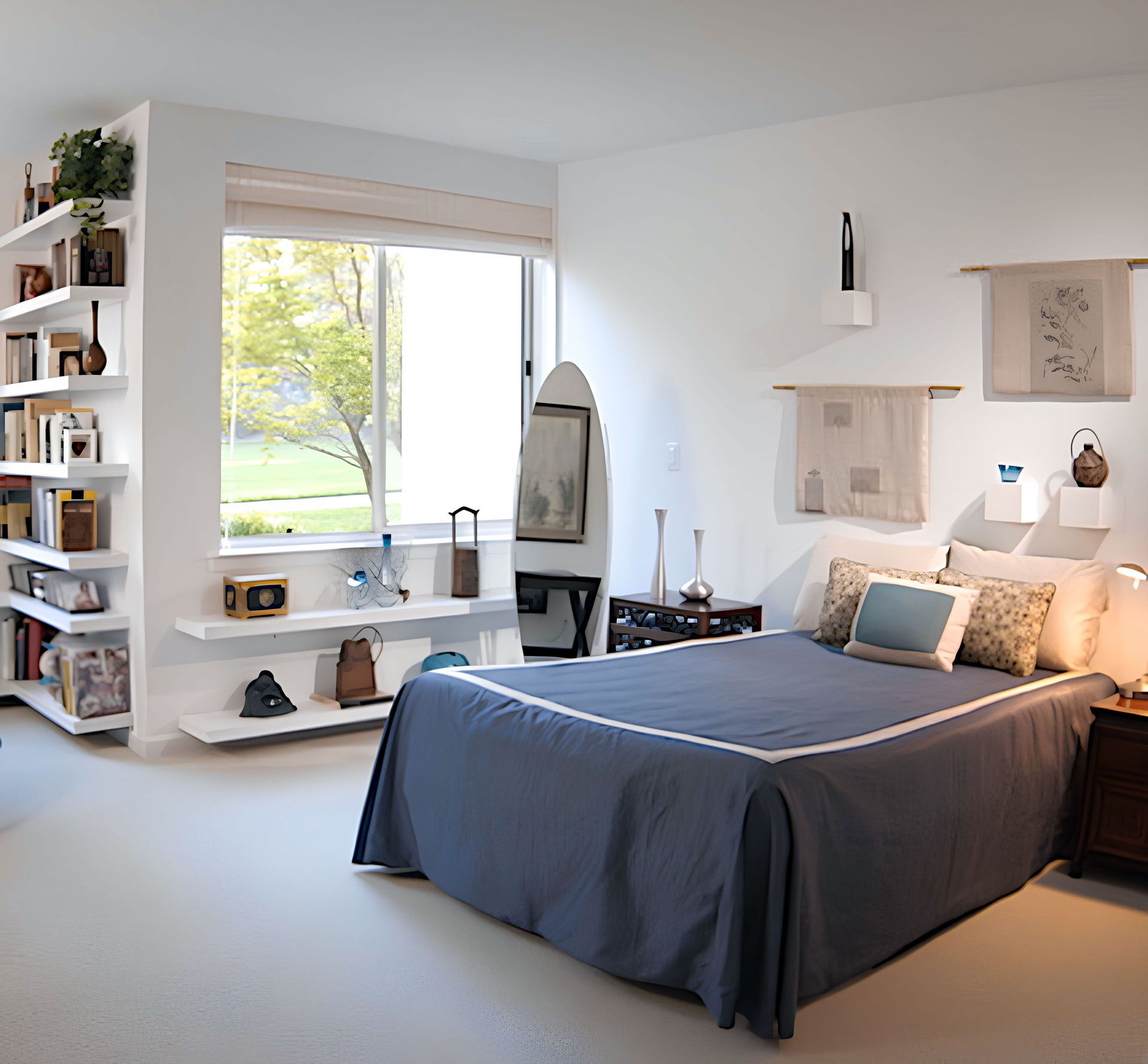 A bedroom with a large bed and a window