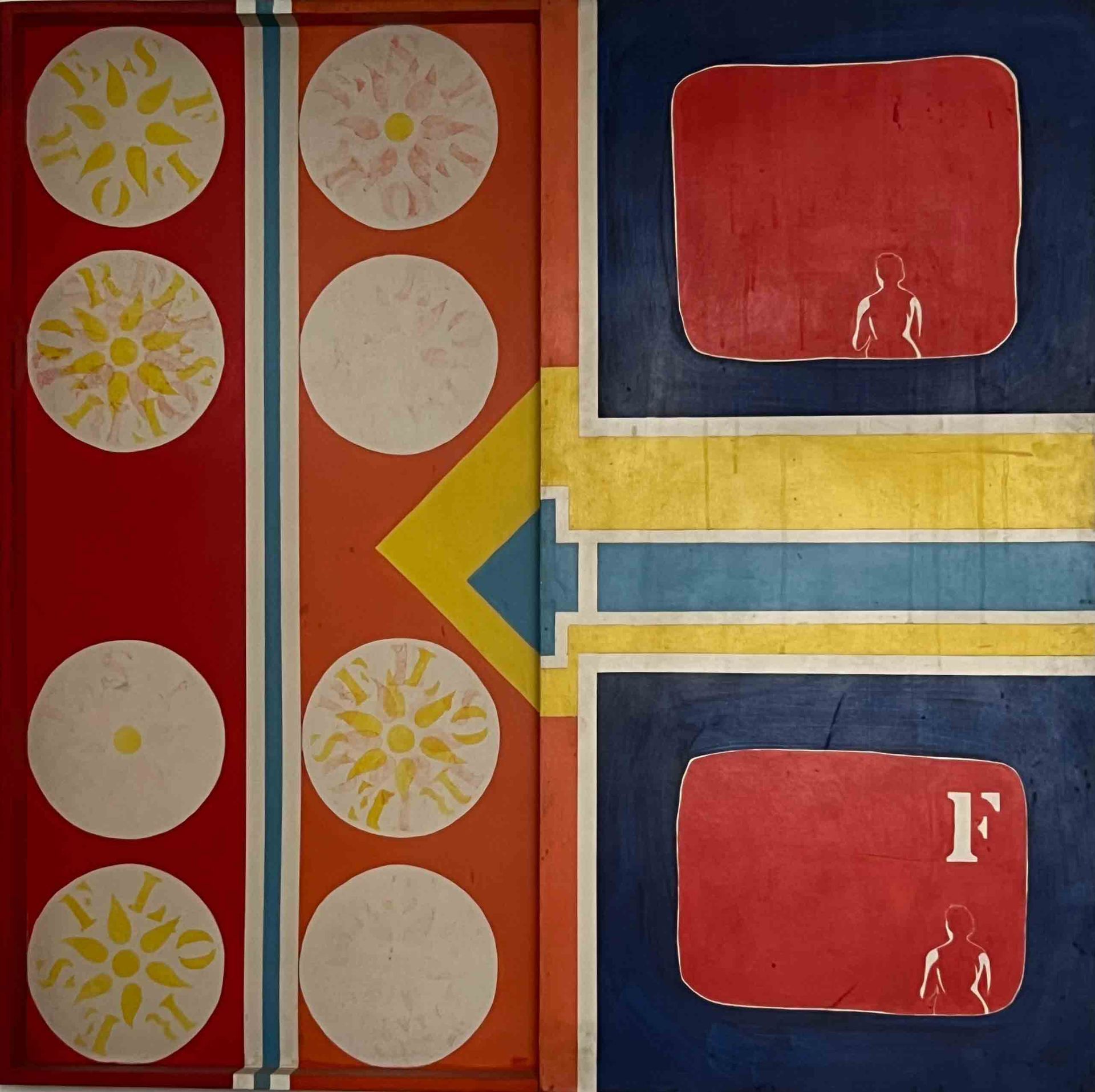 A colorful painting with the letter f in the middle