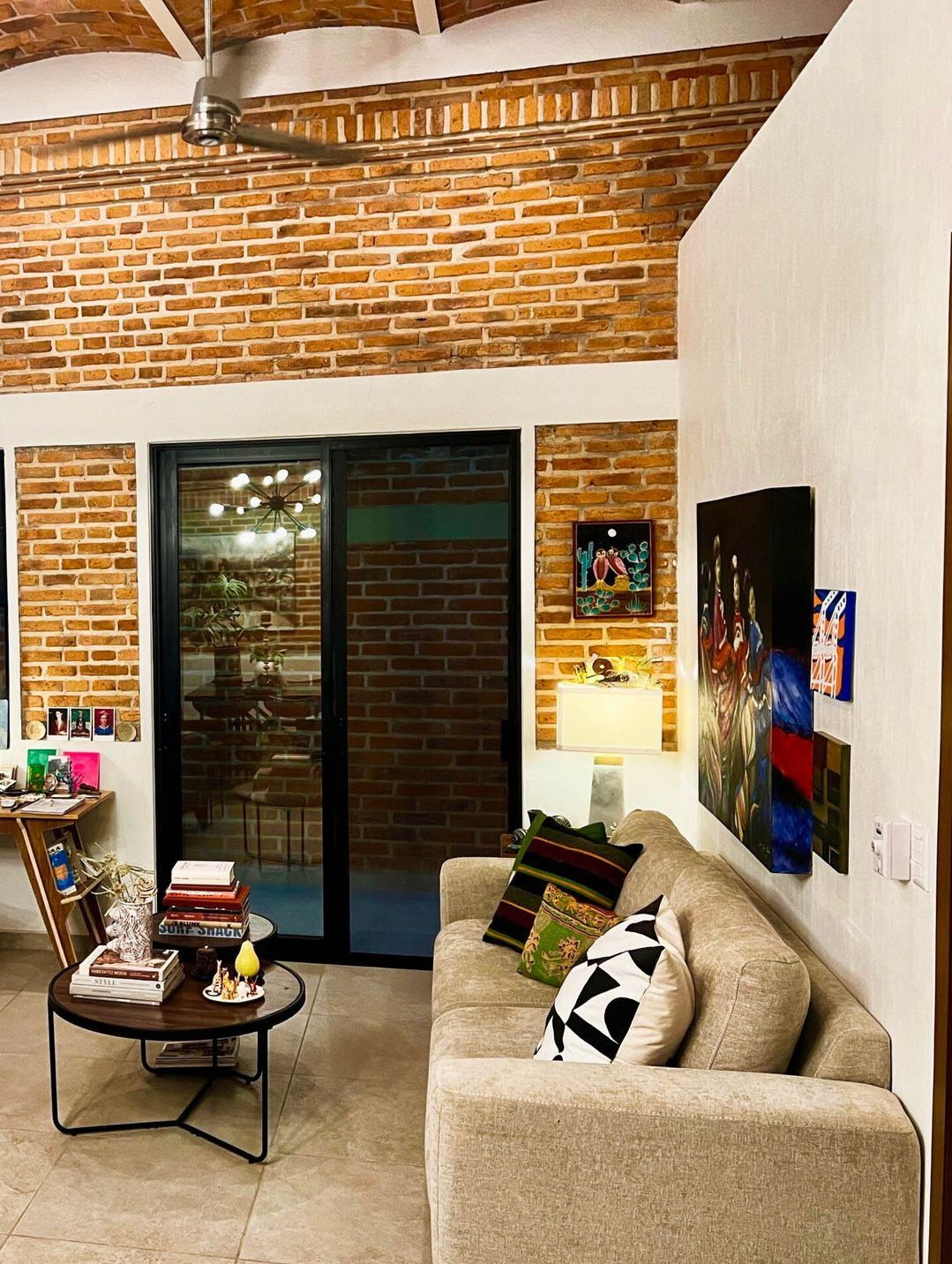 A living room with a couch and a coffee table