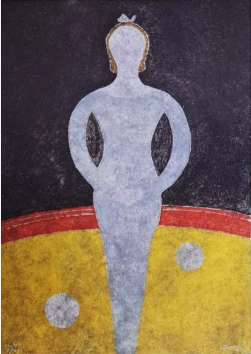 A painting of a woman standing in a circus arena