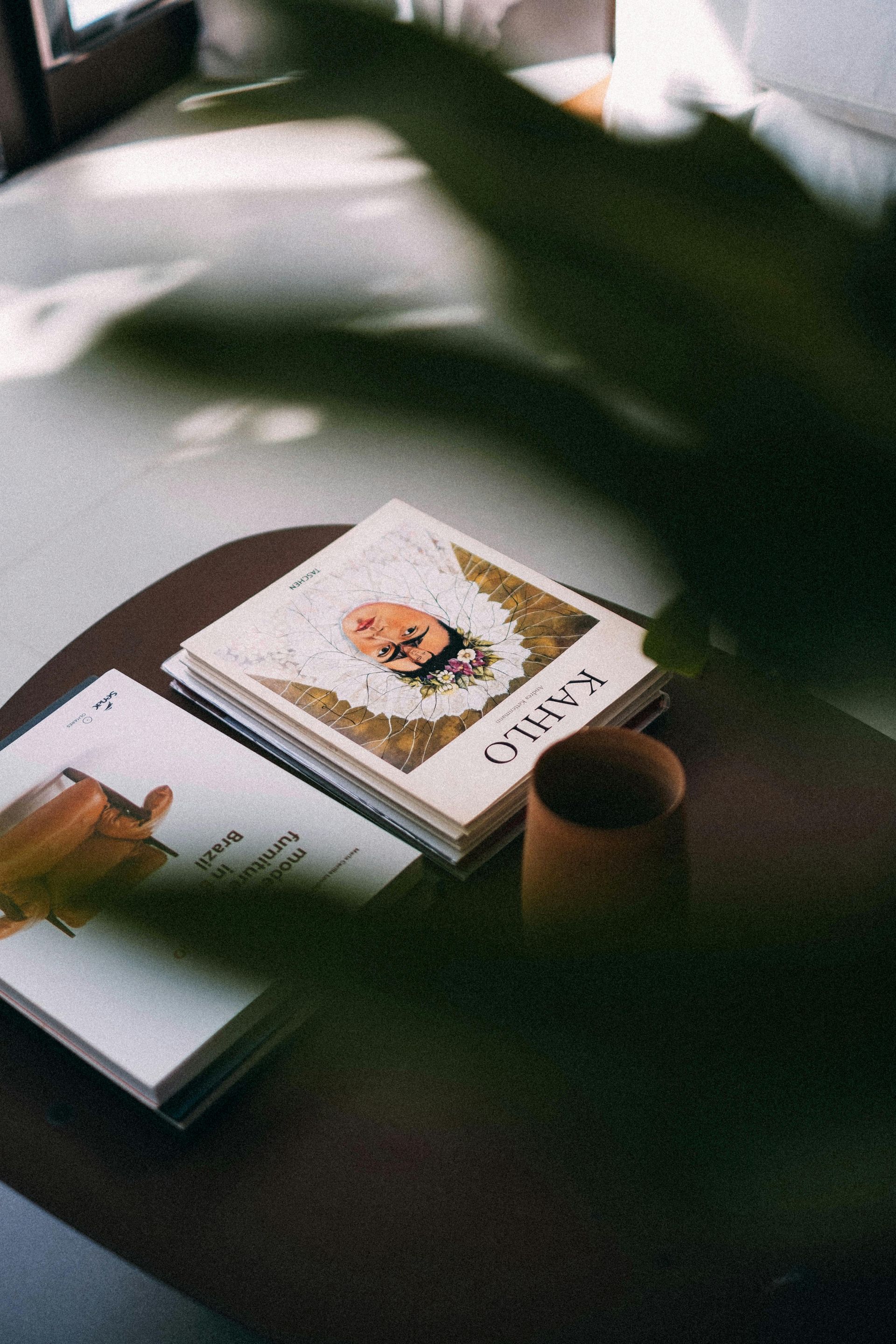 A stack of books sitting on top of a coffee table with a plant in the background
