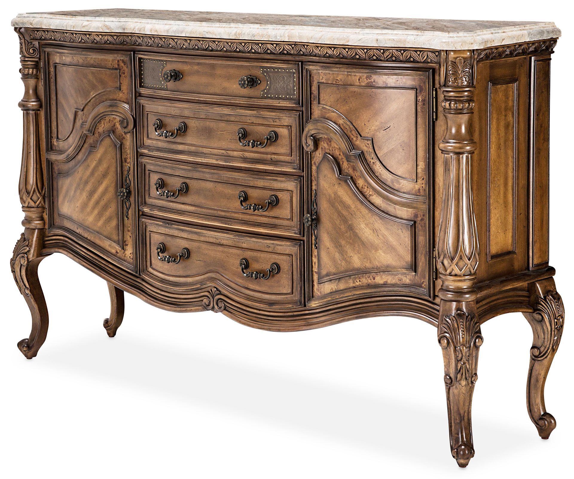 Wooden sideboard with marble top, ornate carvings, and curved legs.
