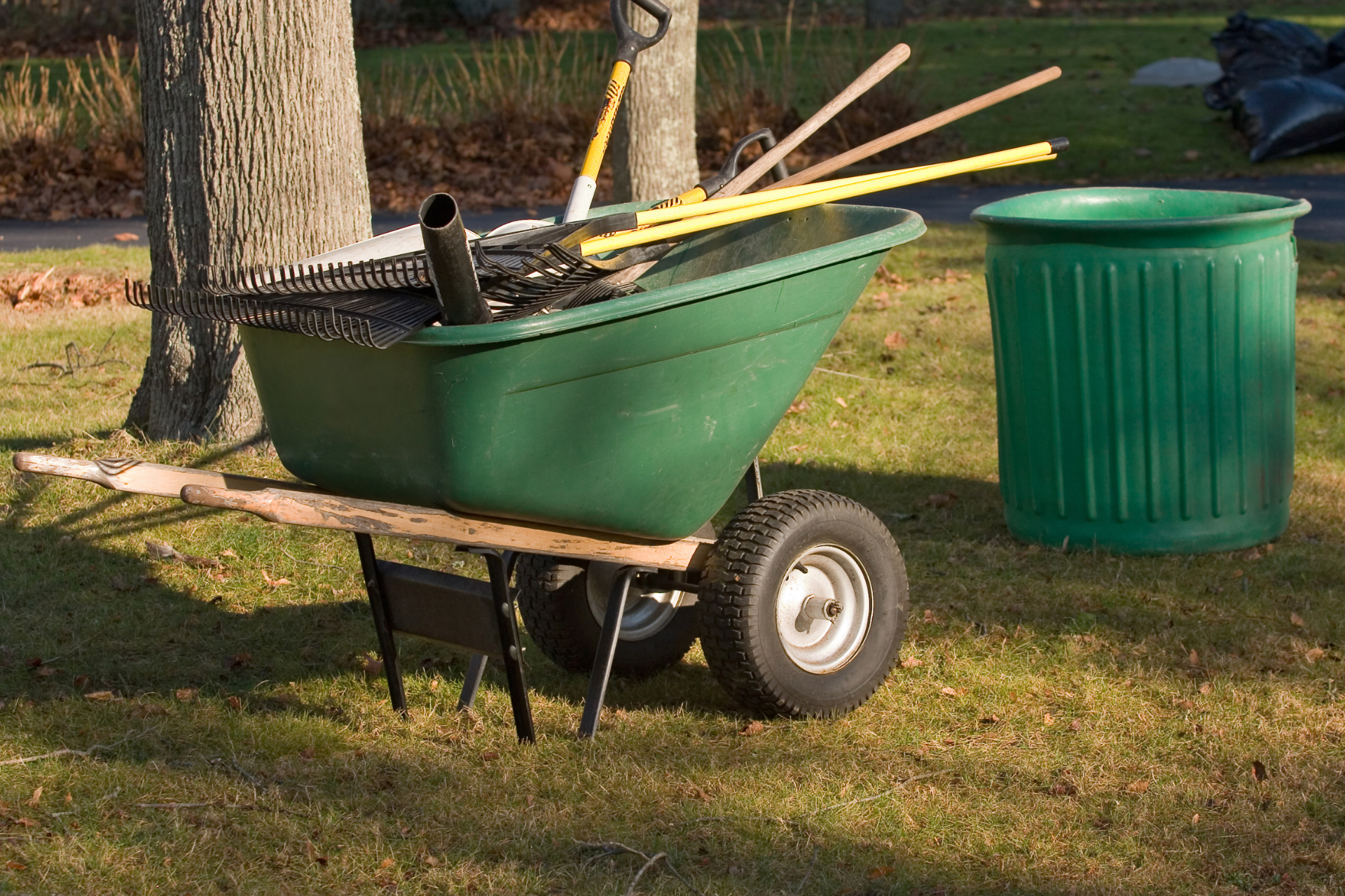 Green wheelbarrow full of yard tools next to a green trash can on a grassy lawn.