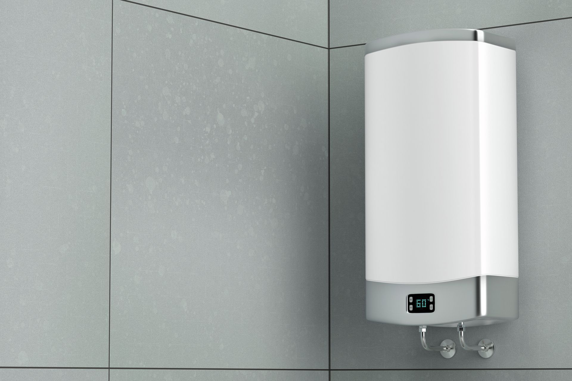 Modern wall mounted water heater with digital display installed on a clean, minimalist tiled wall.