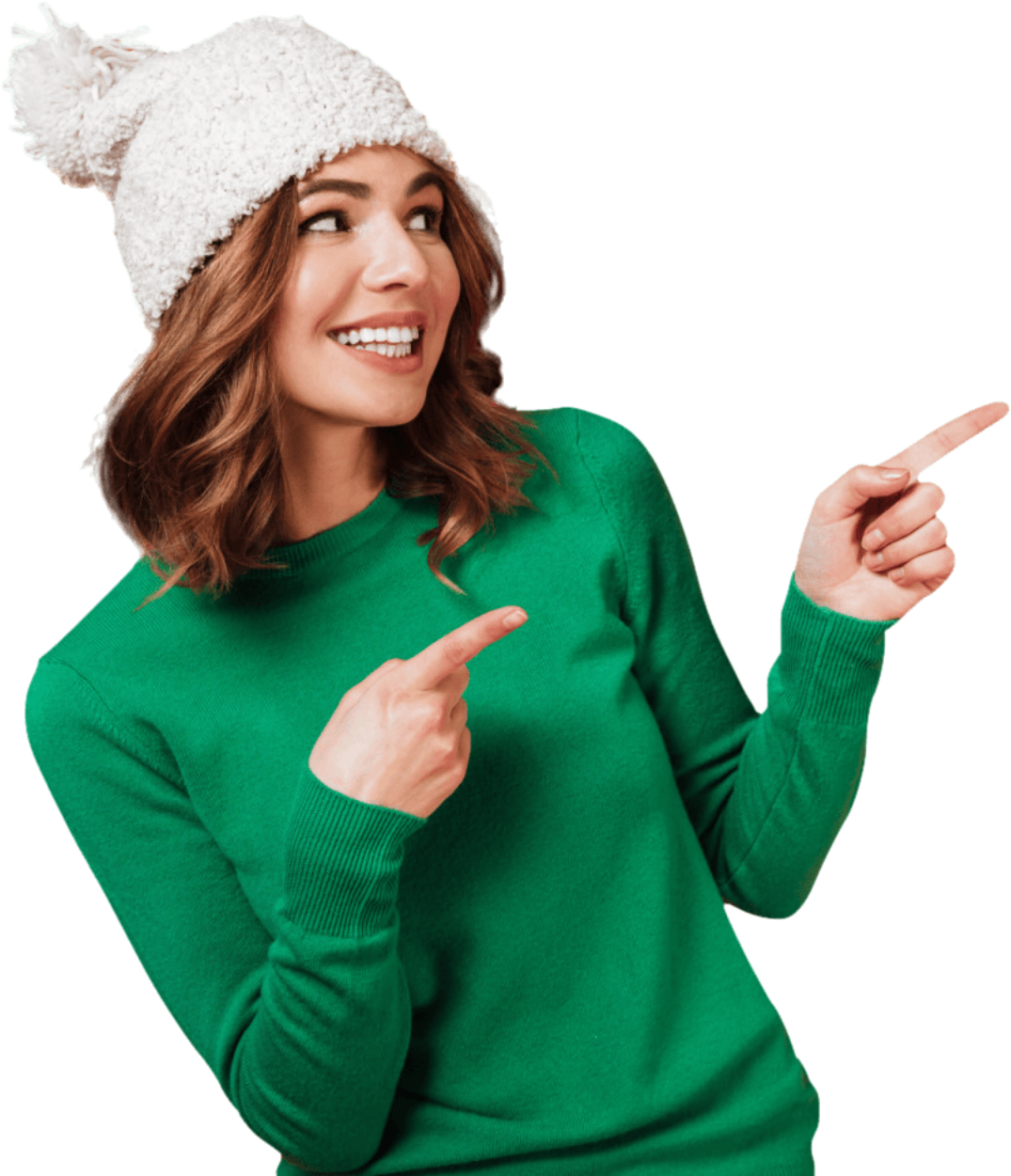 A woman wearing a green sweater and a white hat points to the side