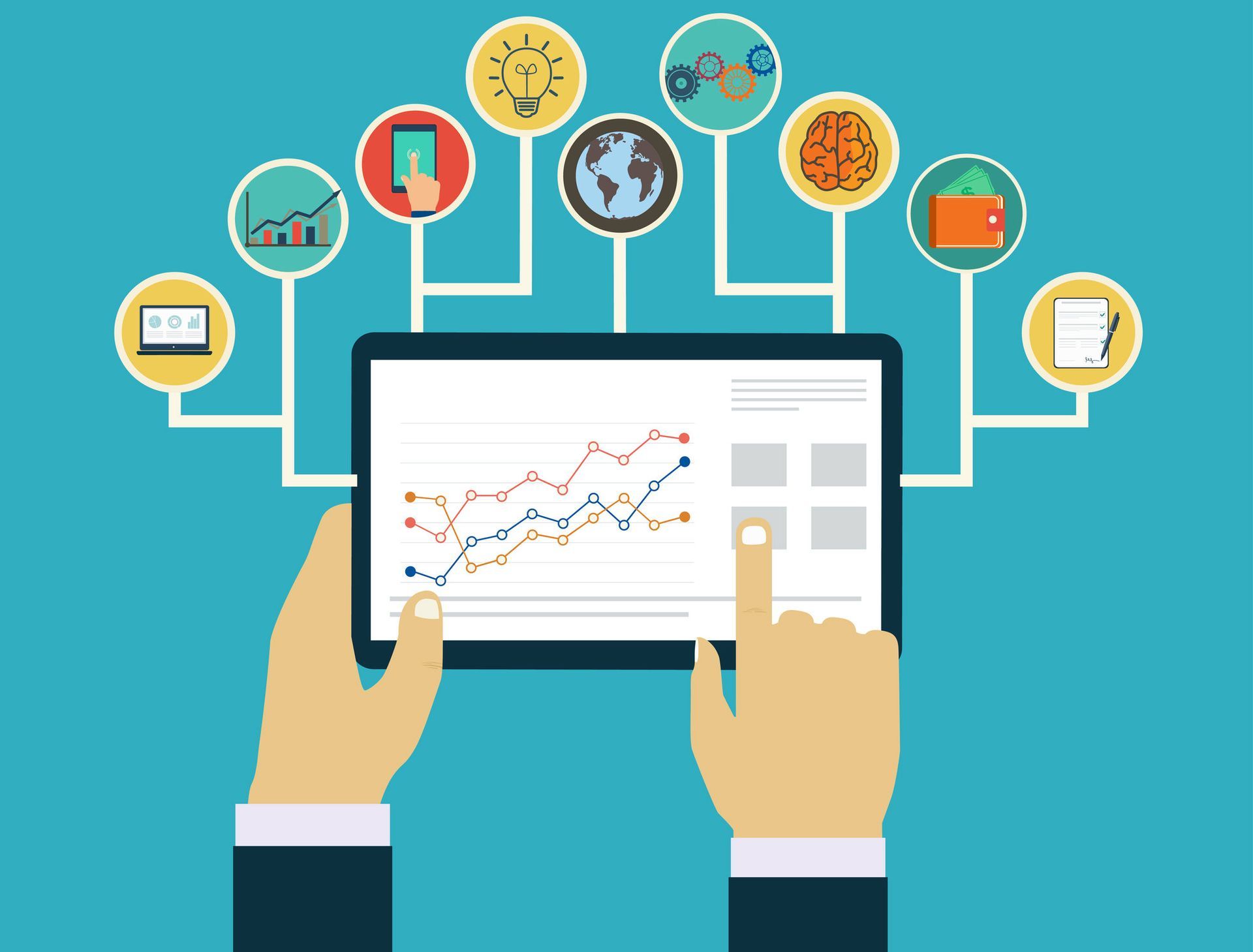 Ilustração de tablet com processos 