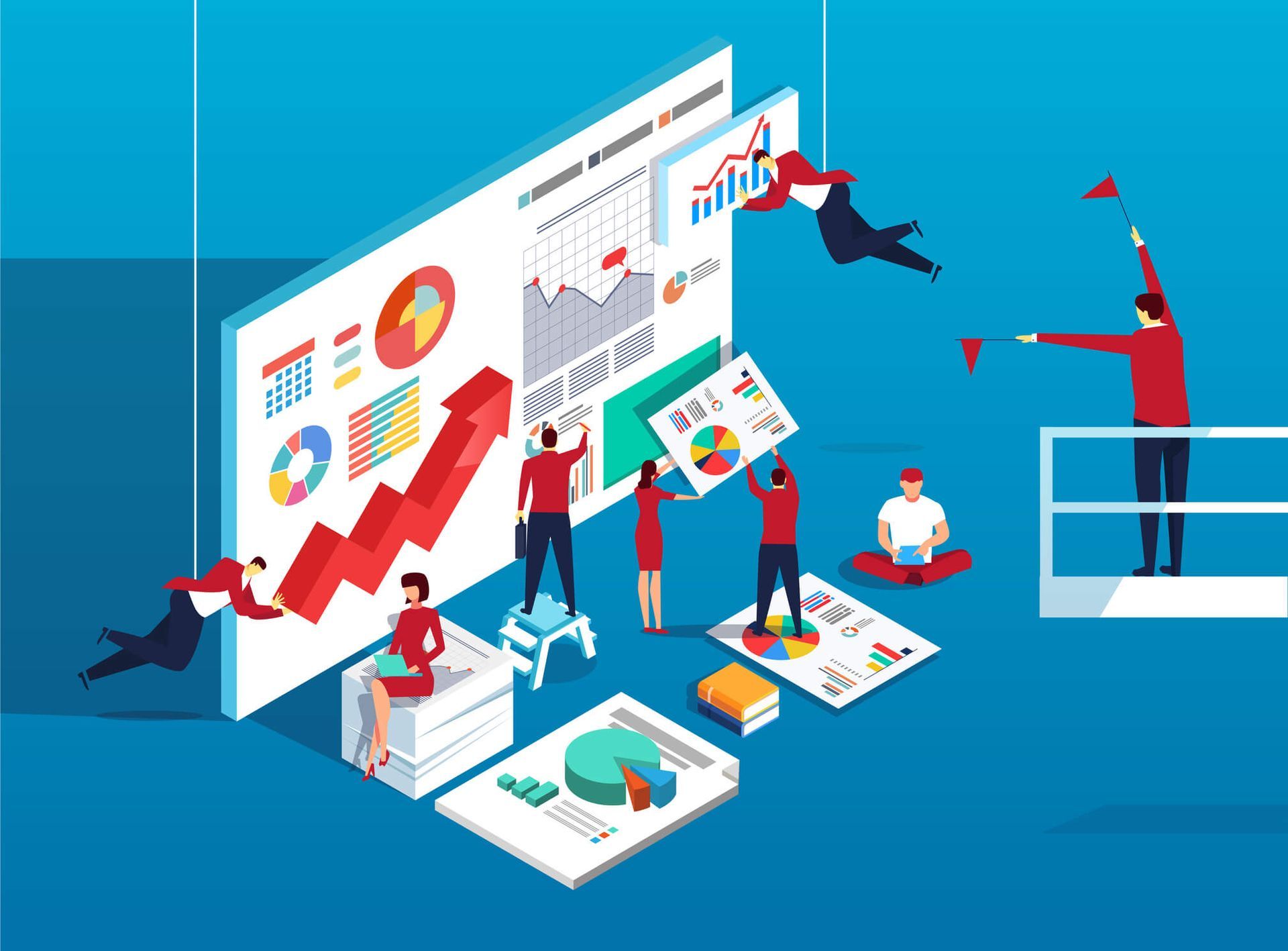lustração corporativa mostrando profissionais interagindo com dashboards, gráficos e relatórios