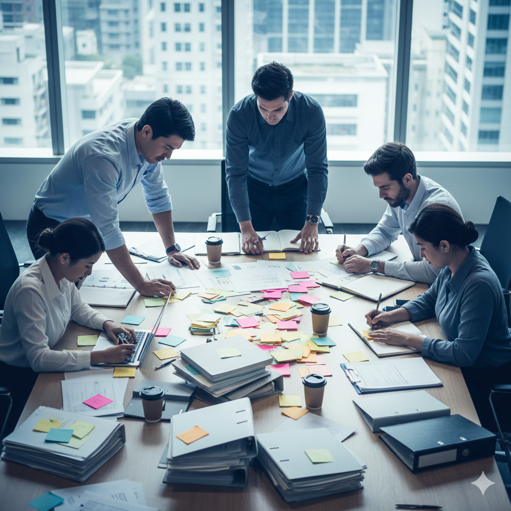 Pessoas em uma reunião de brainstorming, cercadas por papéis e notas adesivas em torno de uma mesa.