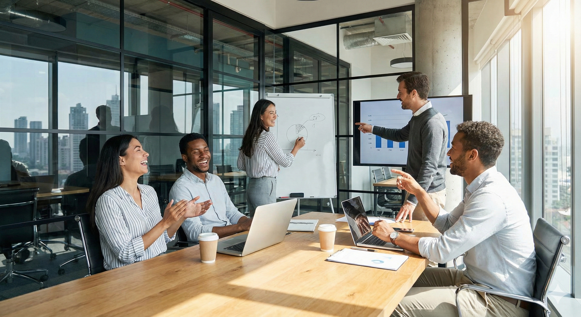 Equipe de negócios em um escritório moderno, colaborando em uma apresentação, alguns aplausos e sorrisos.