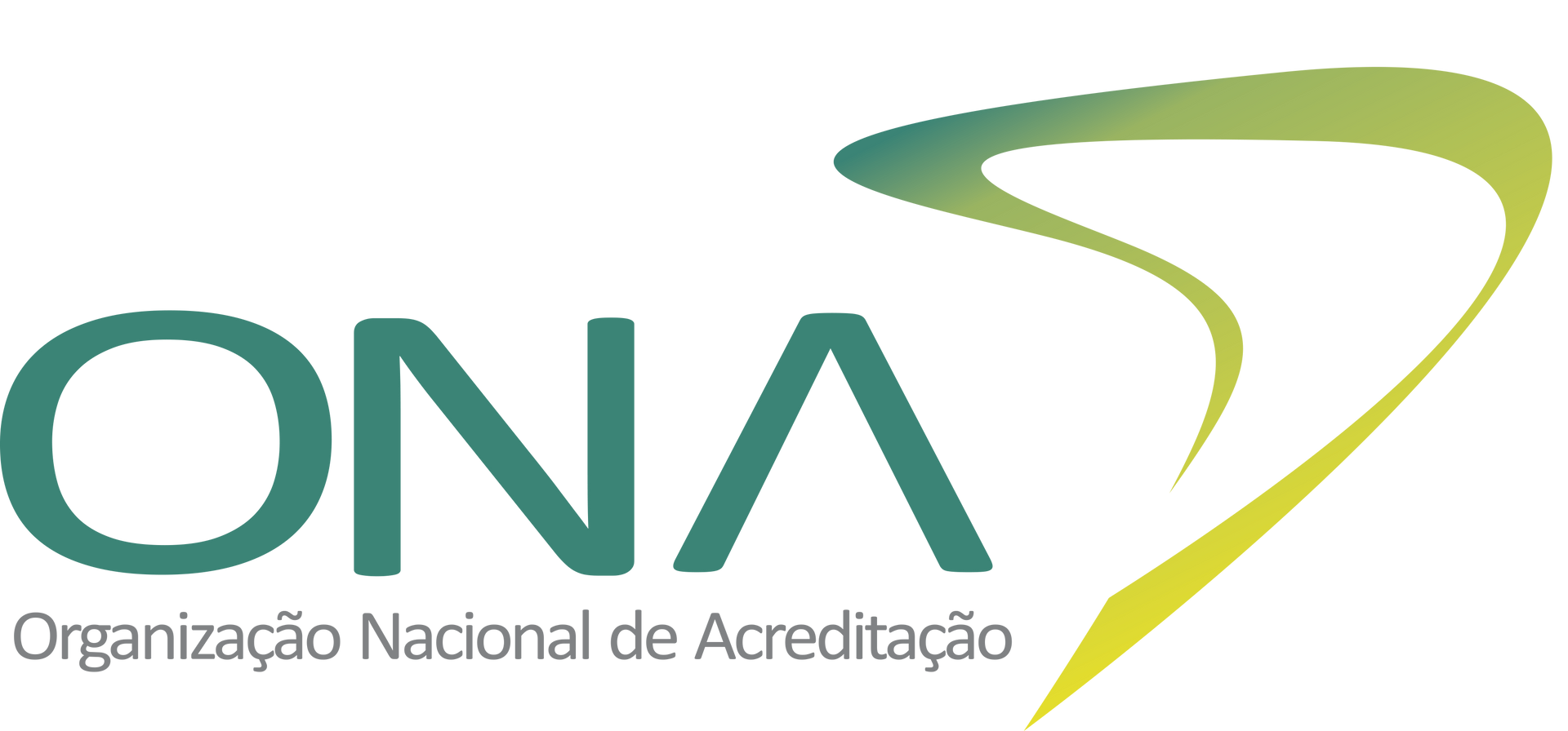 Logotipo da ONA, uma organização de acreditação na área da saúde, em tons de verde-azulado e amarelo.