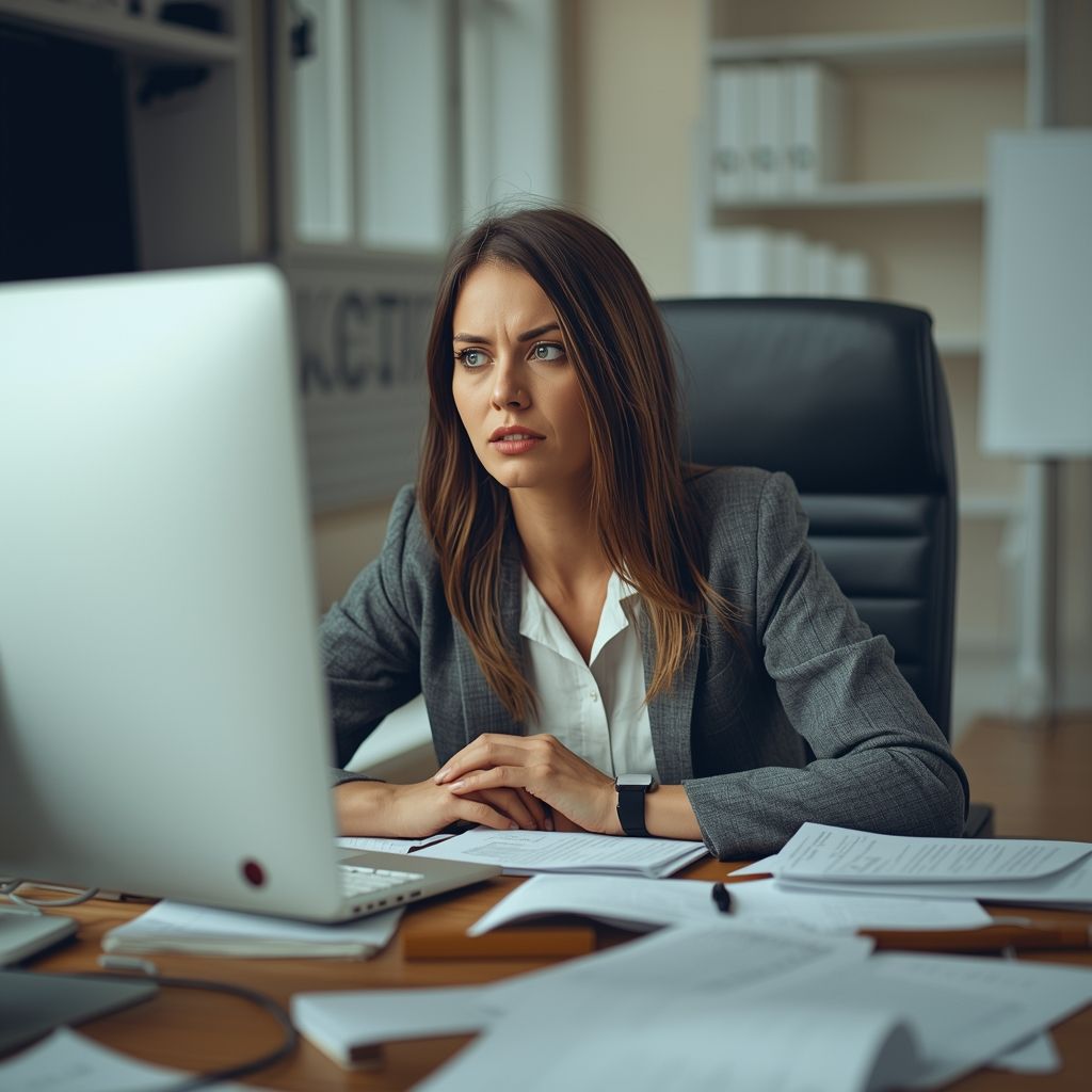 Mulher de blazer olha preocupada para o computador em um escritório desorganizado.