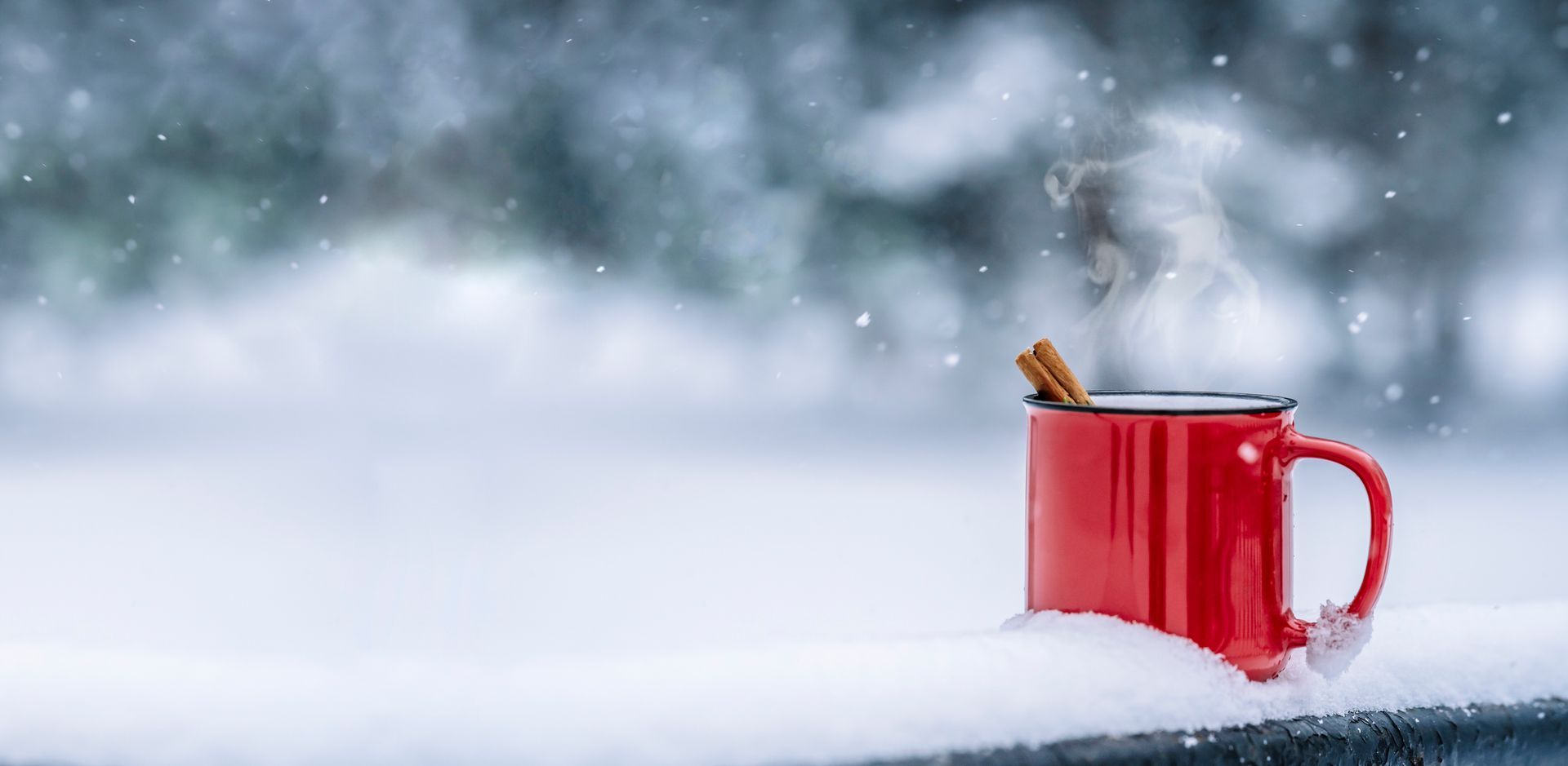 Mulled wine cup in winter forest.