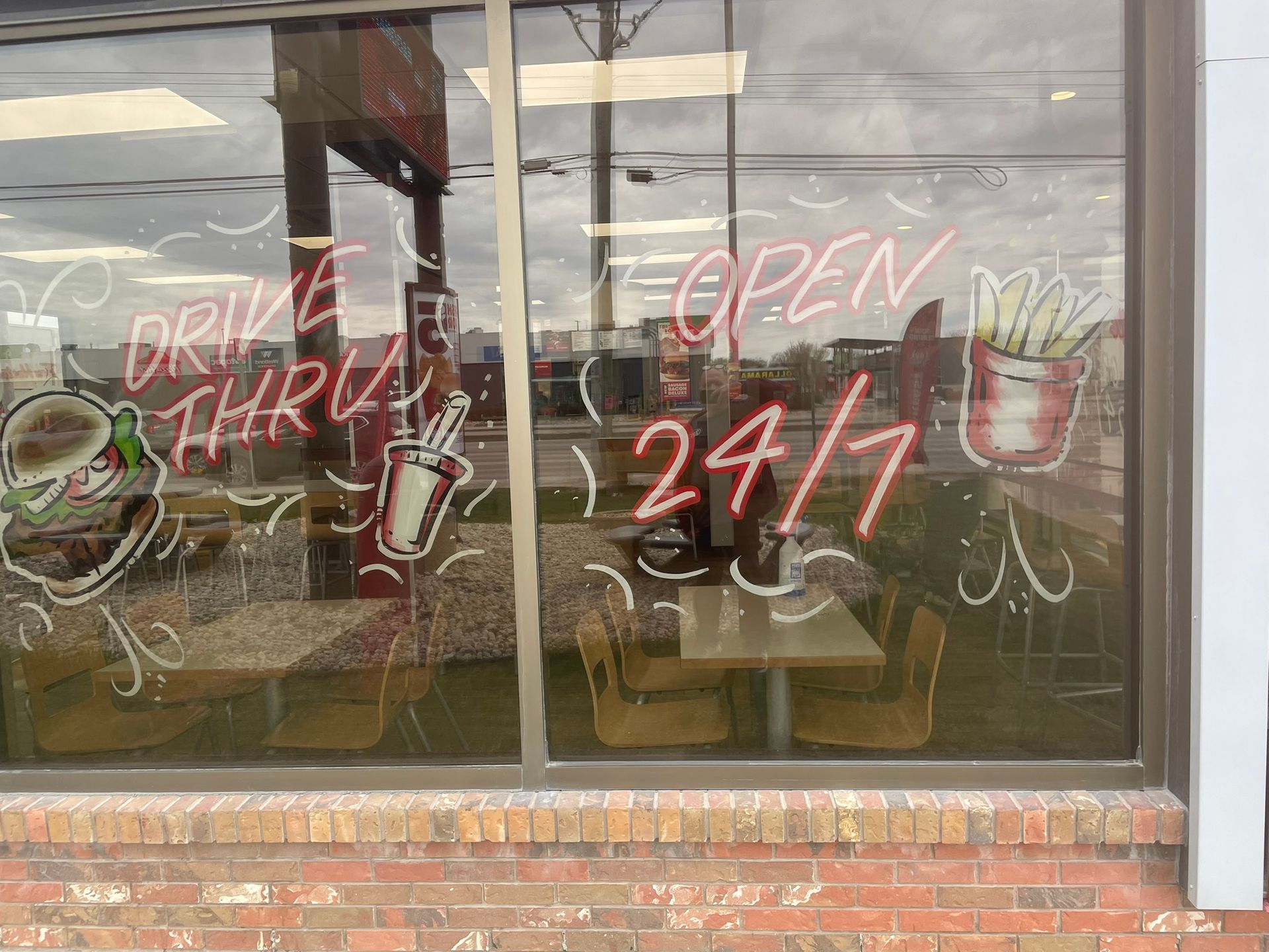 A fast food restaurant is open 24 hours a day.