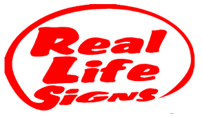 A red logo for real life signs on a white background