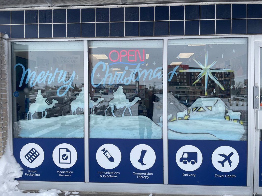 A store front with a sign that says open merry christmas