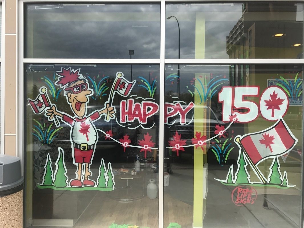 A cartoon character is holding a canadian flag in a window.